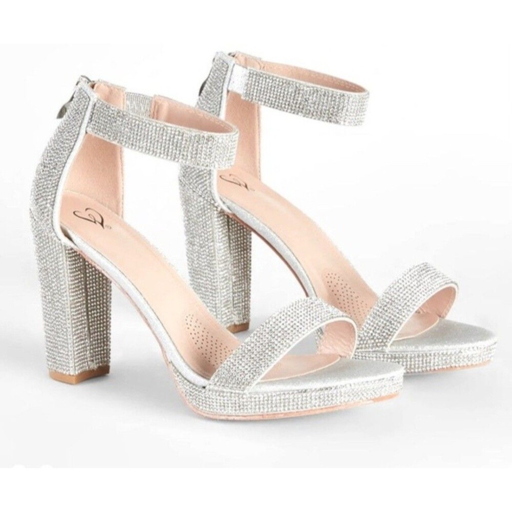 Windsor Silver Rhinestone Platform Ankle Open Strap Chunky Block Heel Sandal 8